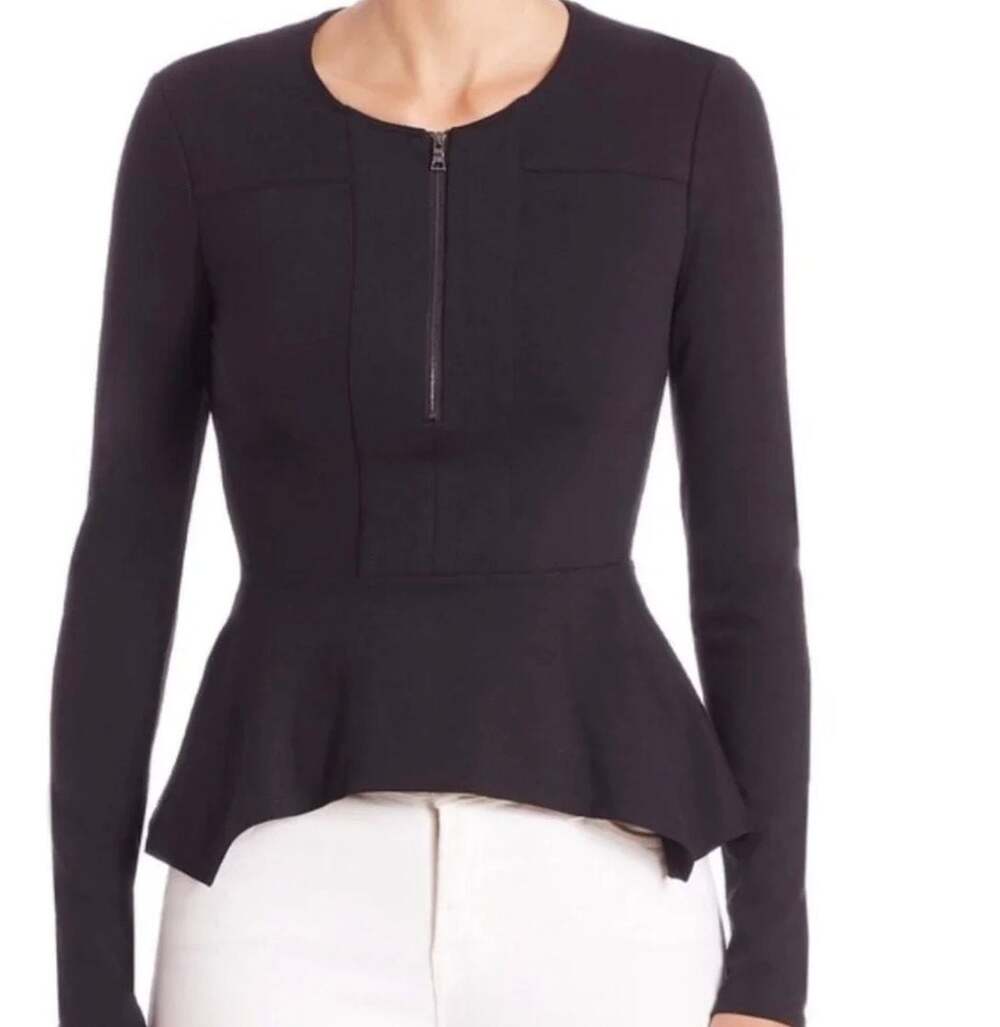 BCBGMAXAZRIA Zip-Front Peplum Long Sleeve Top